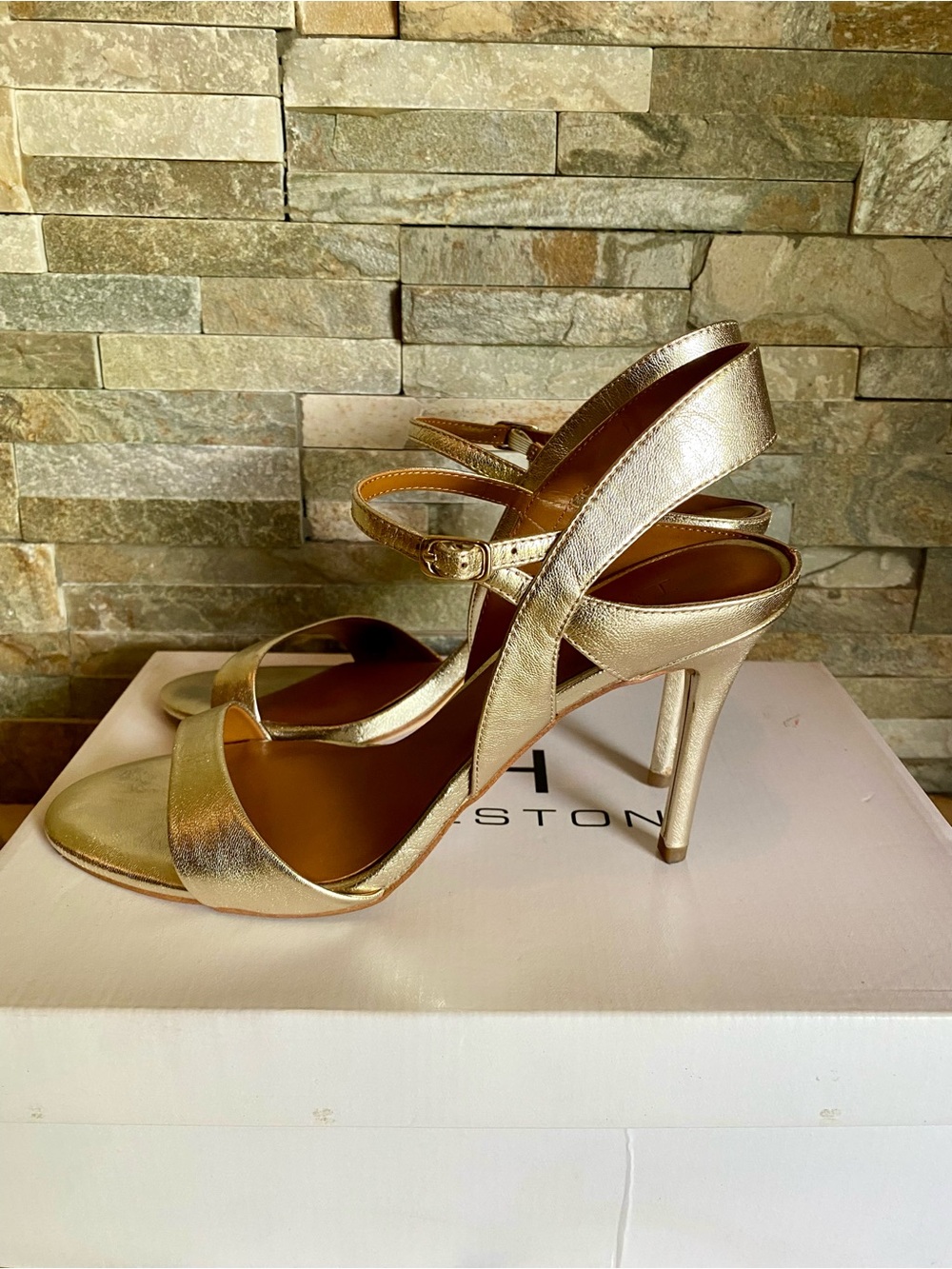 Halston Metallic Gold Leather Strappy High Heel Sandals